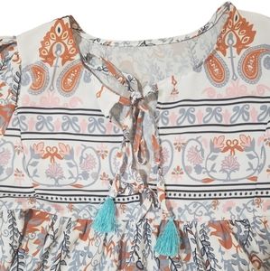 Boho Floral Baby Doll Blouse. Long Sleeves, Orange-Brown, Blue, Pink. Sm…